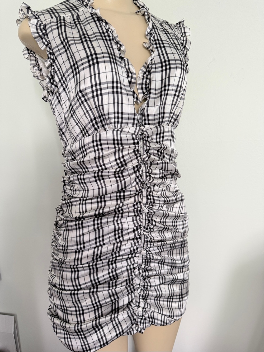 Glamour Campaign 100% Silk Dress Black White Plaid  Sleeveless Shirred